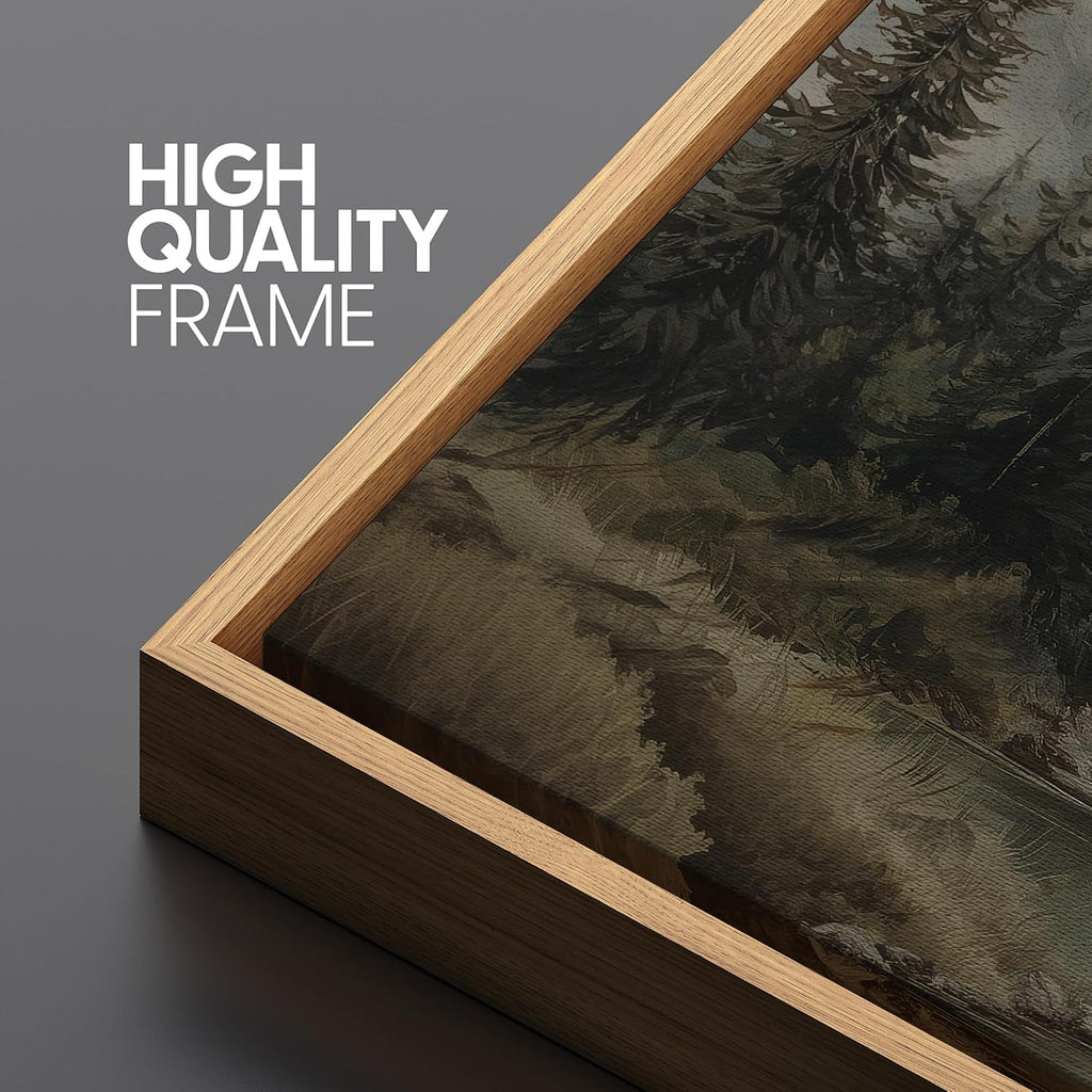 Extra Large Framed Canvas Print Wall Art Mountain Forest Landscape Misty Pine Trees and Lake Scene Illustrations