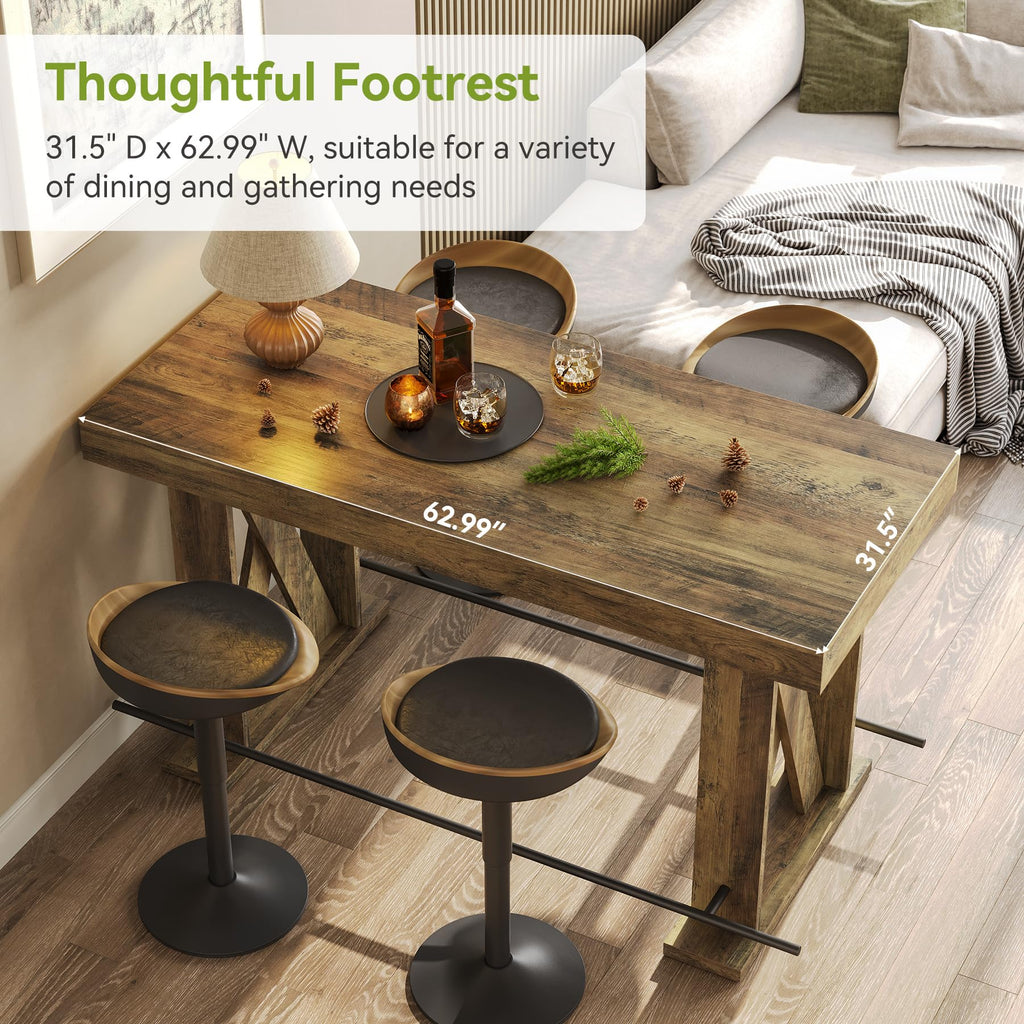 63" Bar Table, Pub Table with Metal Footrest (Rustic Brown, 1)