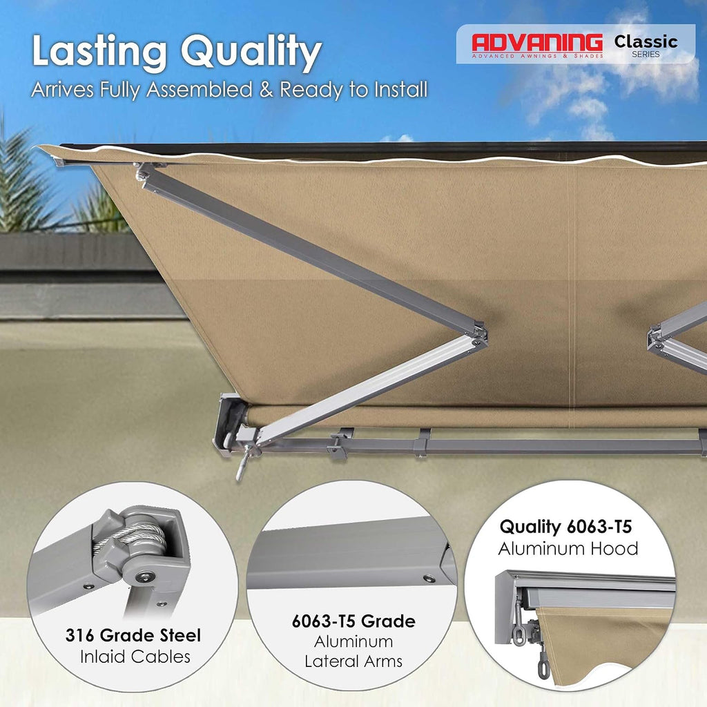 Classic Series 16'X10' Electric Retractable Awning, 100% Acrylic UV+ Sun Shade Canopy, Light Taupe (Solid)