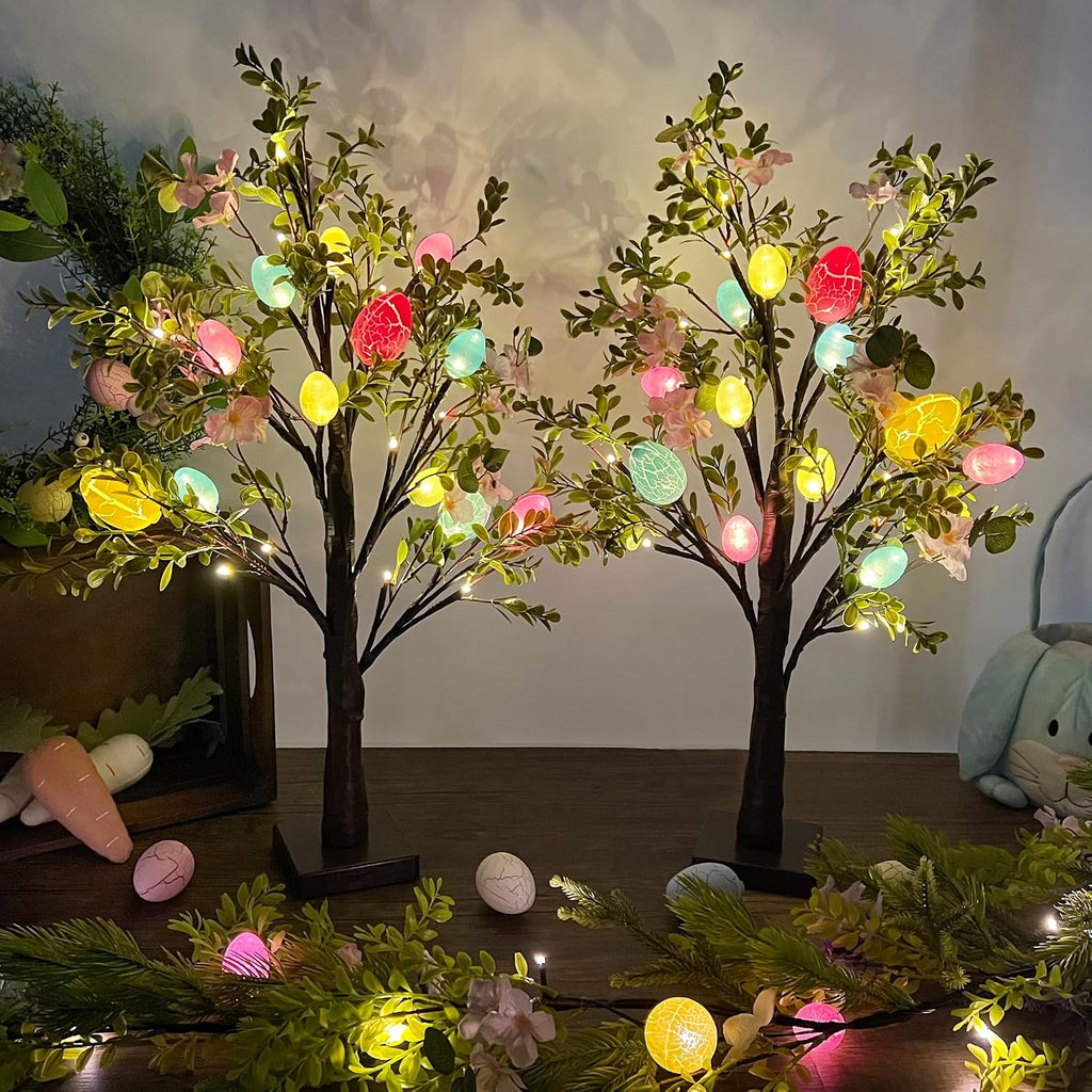 Easter Decor Lighted 24 Inch Artificial Tree with Easter Eggs & Colorful LED Lights, Light Up Tabletop - Set of 2