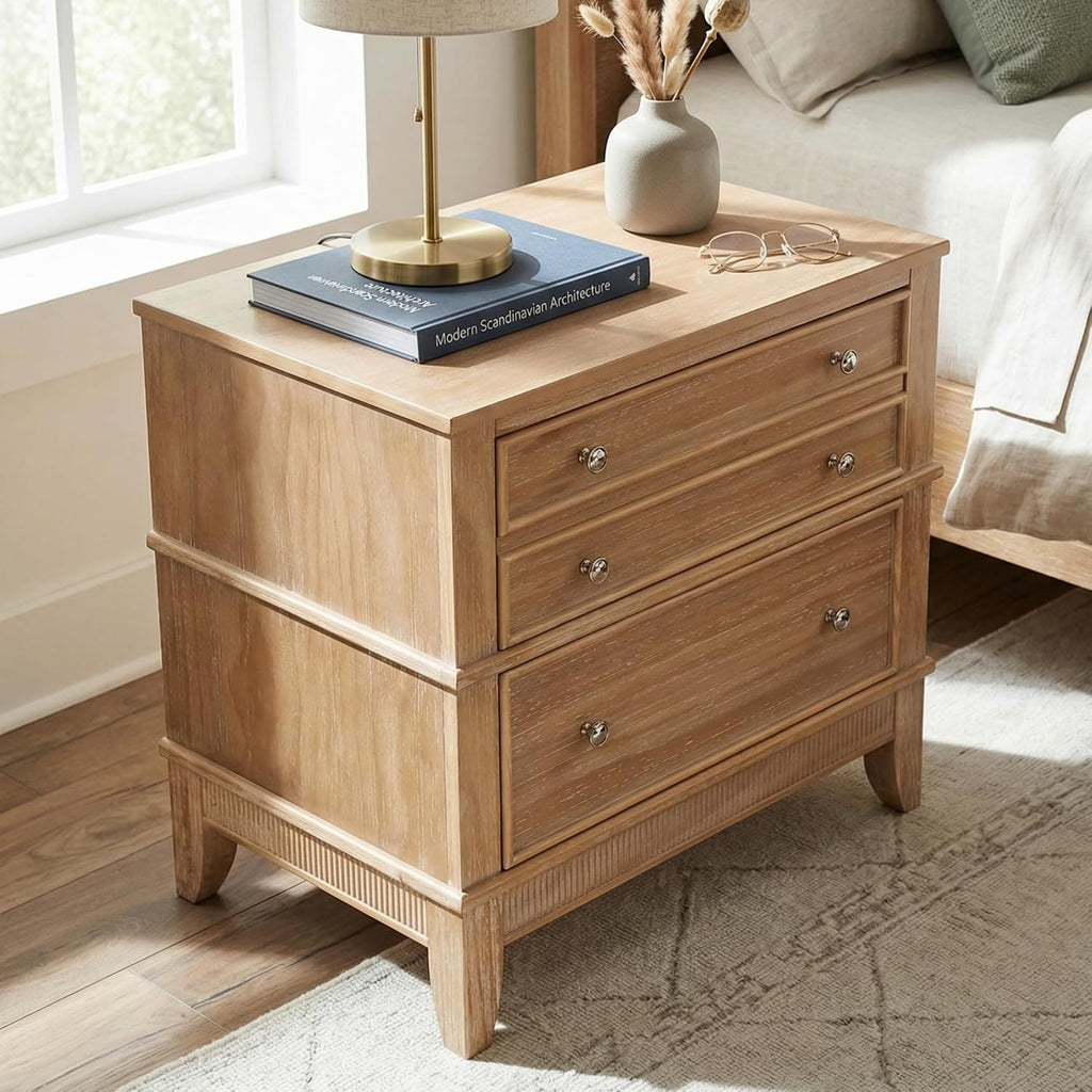 27.3 Inch Solid Wood Nightstand, Mid Century Modern Night Stand with Storage Tray & Drawers, Small Side End Table