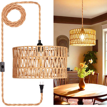 Plug in Pendant Light, Rattan Hanging Lights with Plug in Cord, Handmade Hanging Lamp Plug in, Rattan Light Fixtures