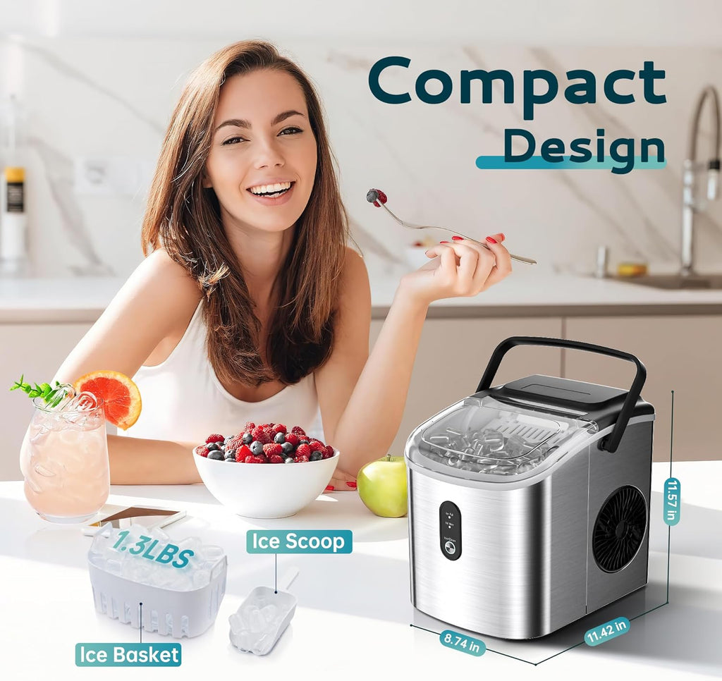 Ice Maker Countertop, Portable Ice Machine with Carry Handle, 26.5lbs Per Day, 9 Cubes in 6 Mins, Auto-Cleaning