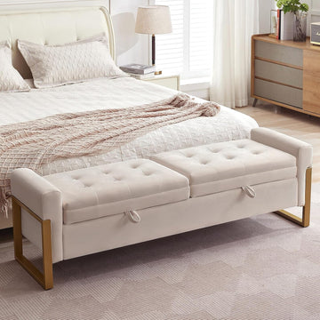 67" Storage Bench End of Bed, Velvet King Size Bed Bench with Double Lids and Gold Legs, Storage Ottoman Bench with