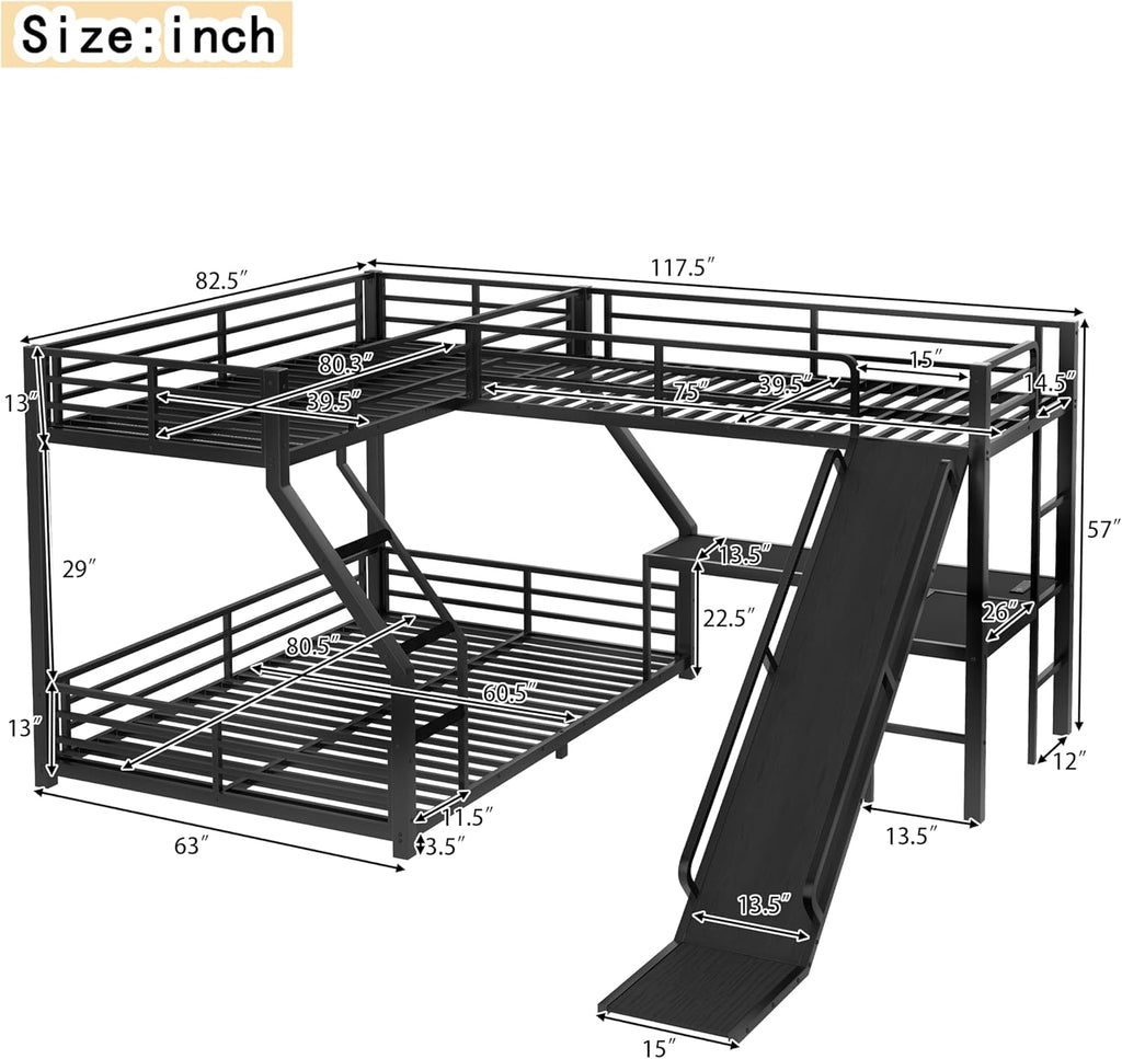 Triple Bunk Beds, L-Shape Twin XL Over Queen Bunk Bed Attached a Loft Bed with Desk