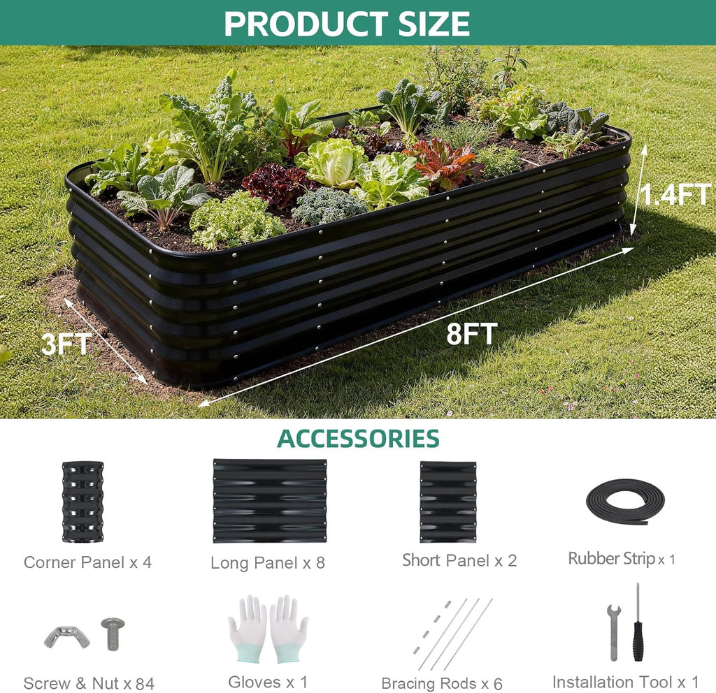 5 in 1 Galvanized Raised Garden Bed, 8x3x1.4ft, Grey