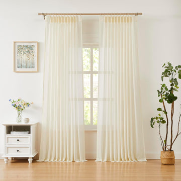 95 Inches Long Egret Ivory Pinch Pleated Sheer Curtains for Bedroom Living Room Sliding Patio Door,Farmhouse Textured
