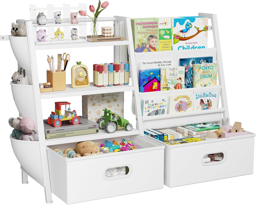 Kids Bookshelf and Toy Storage Organizer, 3 Tier Kids Bookcase, Sling Bookshelf and 2 Toy Bins with Toy Storage