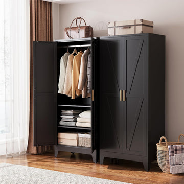 Black Metal Wardrobe Closet 2-in-1 Design, 71" Freestanding Armoire with Adjustable Hanging Rod & Shelves