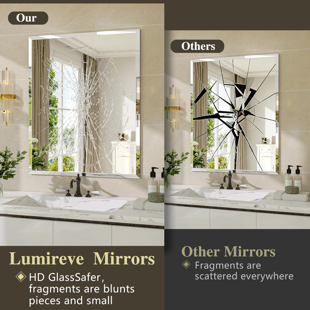 Frameless Bathroom Mirror, 24" x 36" Beveled Wall Mirror