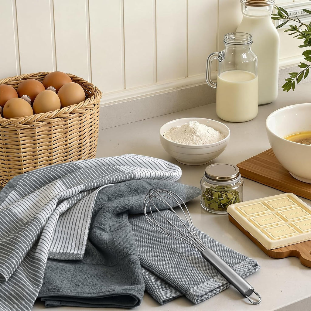 6 Pack Cotton Terry Premium Kitchen Towels, 18 x 28 in, Grey | Large 380 GSM Dish Towels, Highly Absorben Flat &