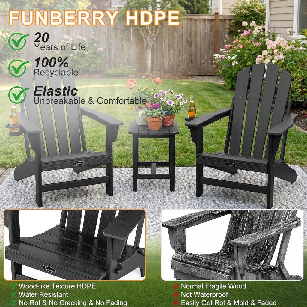 Folding Adirondack Chairs Set of 4, Fire Pit Chairs with Cupholder | Wood-Grain, Stable Gun-Leg, HDPE All Weather, No