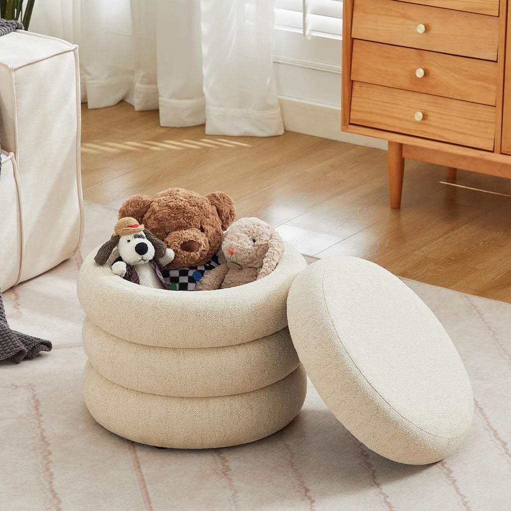 19.5" Storage Ottoman Round, Vanity Stools , Linen Pouf Ottoman with Removable Lid, Modern Ottoman Stool for Girls