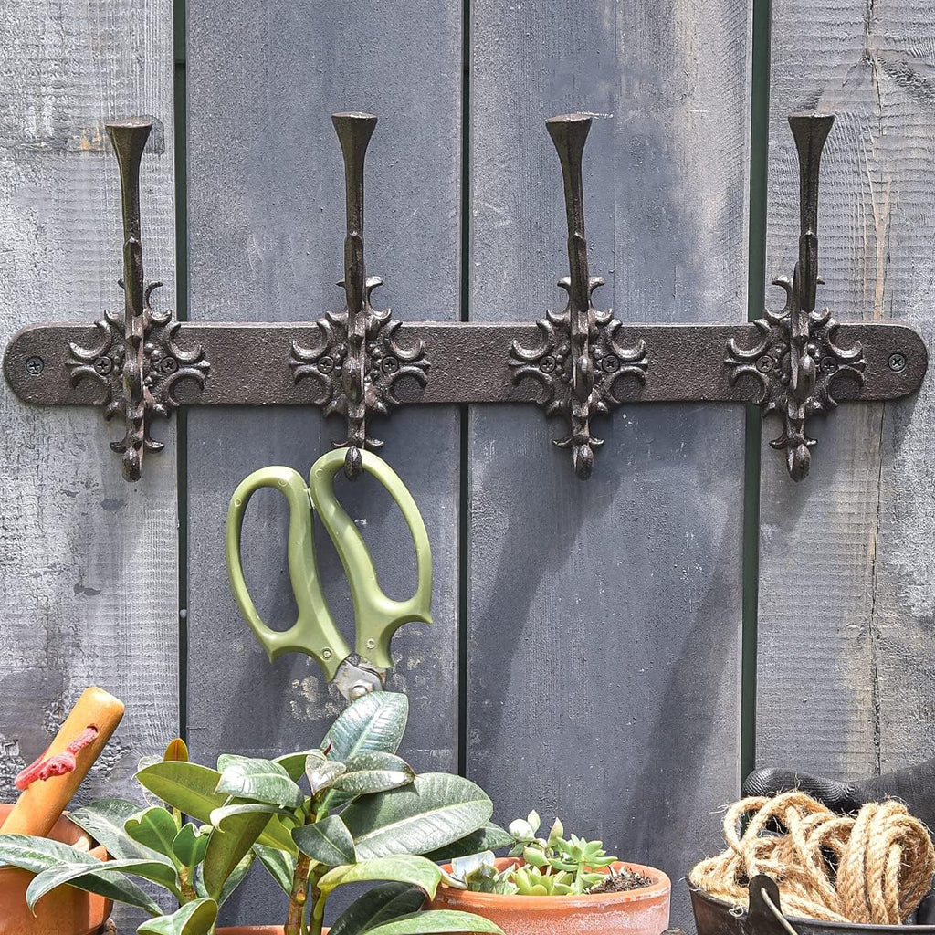 Vintage Cast Iron Wall Hook Rack - Ornate 4-Hooks Coat and Hat Organizer - Heavy Duty Decorative Hanger , or Mudroom