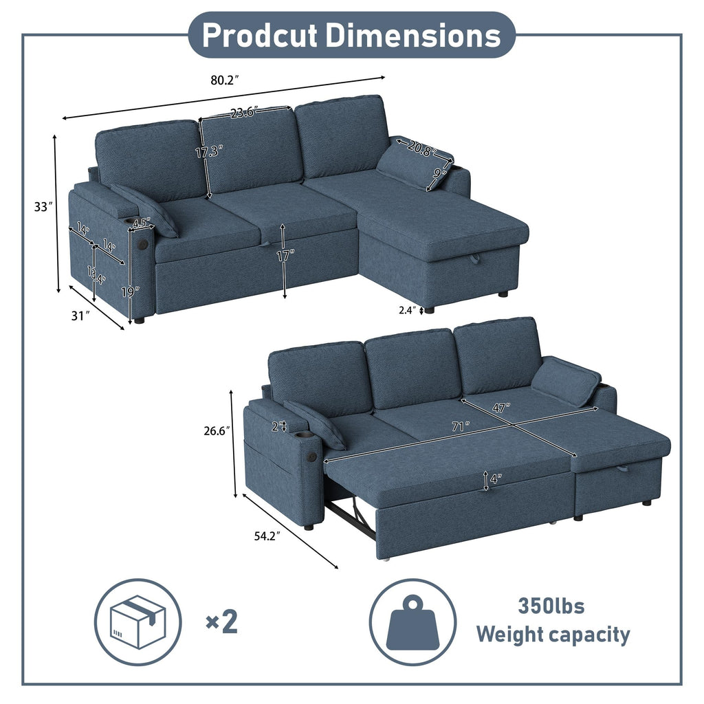80" Sofa Bed Pull Out L Shaped Couch with Storage Chaise, Blue