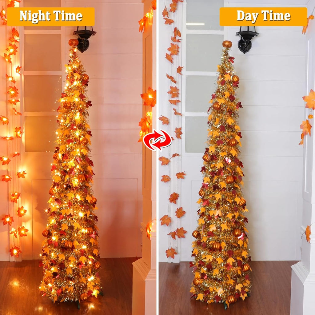 5 FT Fall Tree Fall Decor, Tinsel Maples Tree with 50 Warm White Lights