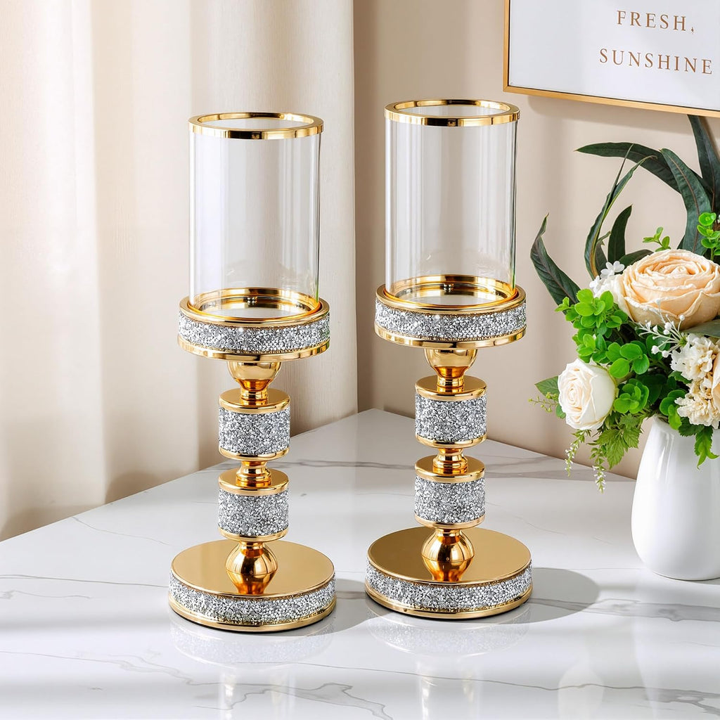 Hurricane Candle Holder, 13.5" Tall Metal Candle Stand, Glass Pillar Candle Holders, Crystal Gold Decorative