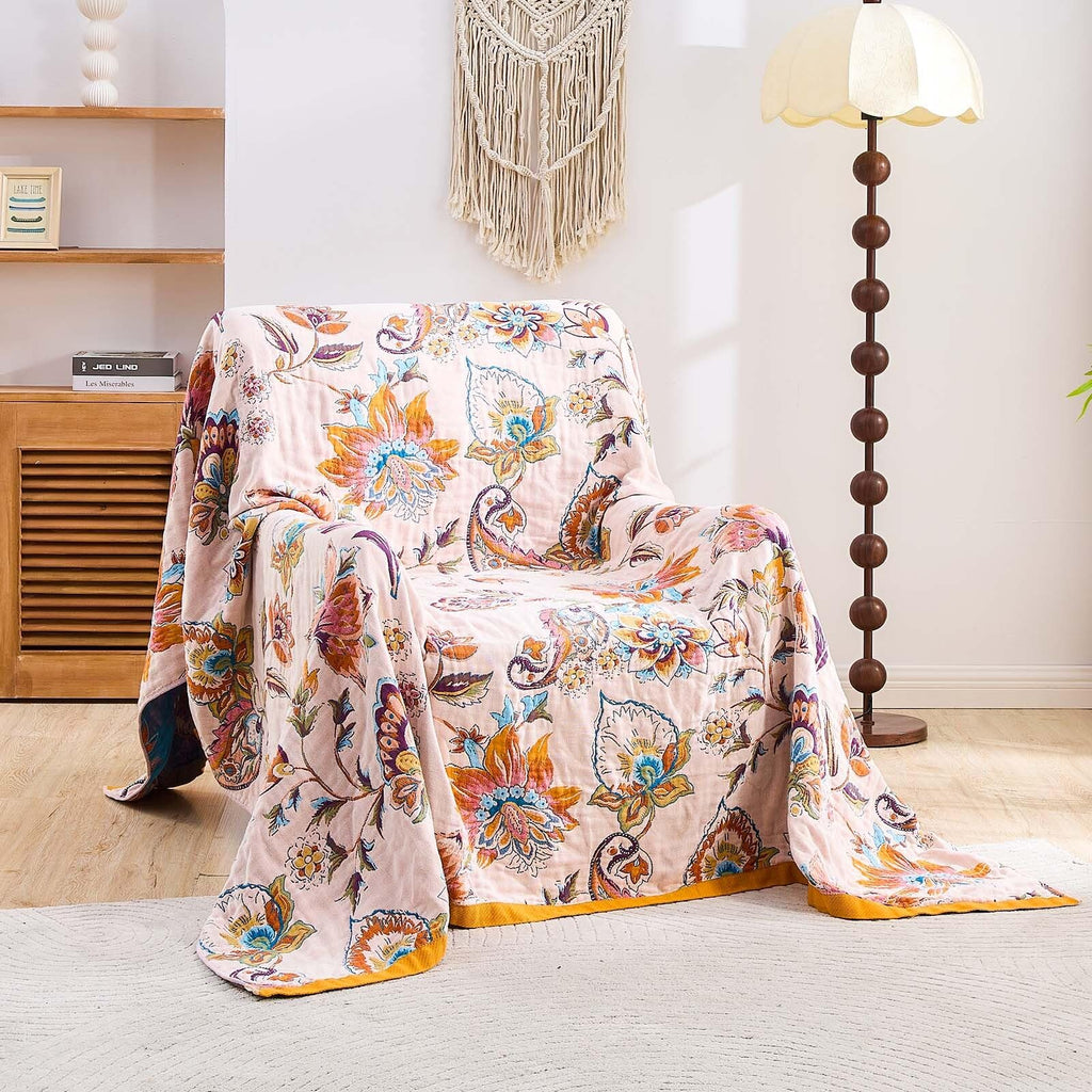 Boho Throw Blanket for Bed, 100% Cotton Soft Rustic Quilt Fall Blanket, 90"x98" Floral Printed Farmhouse Decor Bed