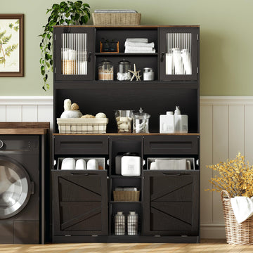 Tall Tilt-Out Double Laundry Hamper Cabinet with 2x11-Gallon Laundry Basket, Trash Bin Cabinet with Fluted Glass