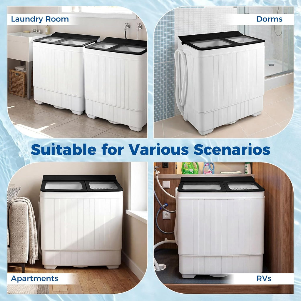 Portable Washing Machine, 26LBS Twin Tub Mini Compact Laundry Washer Spinner Combo with Drain Pump, 18Lbs Washer and 8Lbs Spinner for Apartments, RVs, Dorms, Black+White