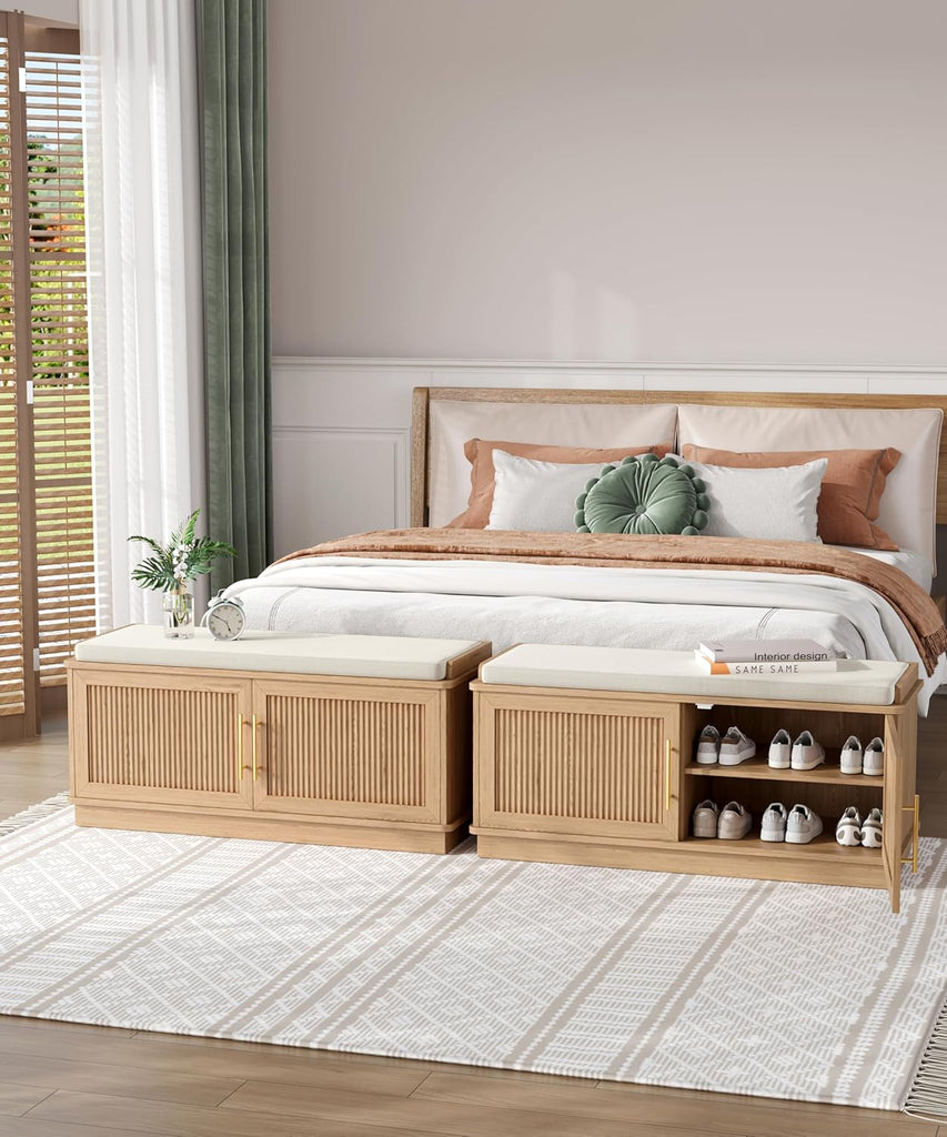 Fluted Shoe Storage Bench with Cushion, 39.4" Entryway Bench with Adjustable Shelves and 2 Doors, Shoe Cabinet Bench