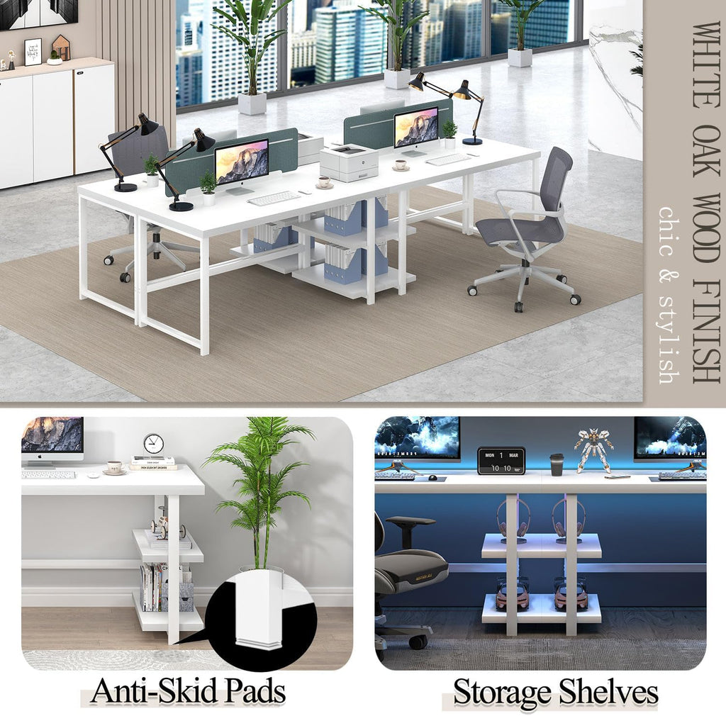 White Computer Desk, Modern Home Office Desk with Storage Shelf, Wood and Metal Writing Study Table Bedroom, 53 Inch