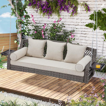 3 Seat Porch Swing, Wicker Patio Swing with Cup Holders & Cushions | Yard Hanging Swing with Chains for Deck Garden
