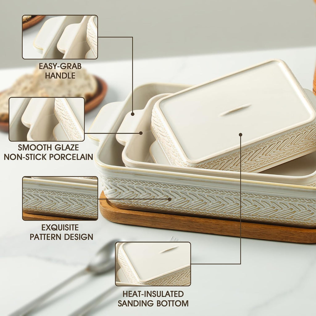 Casserole Dishes for Oven, Beige Ceramic Dish Set of 3 | 9x13" Rectangular Lasagna Pans Casserole Dish Set for