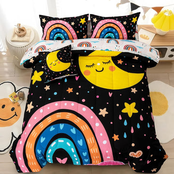 5 Piece Black Rainbow Comforter Set for Girls Boys Kids, Cartoon Cute Moon Stars Bedding Set, Bed in a Bag with - Set of 5