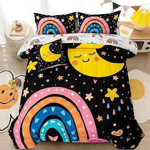 5 Piece Black Rainbow Comforter Set for Girls Boys Kids, Cartoon Cute Moon Stars Bedding Set, Bed in a Bag with - Set of 5