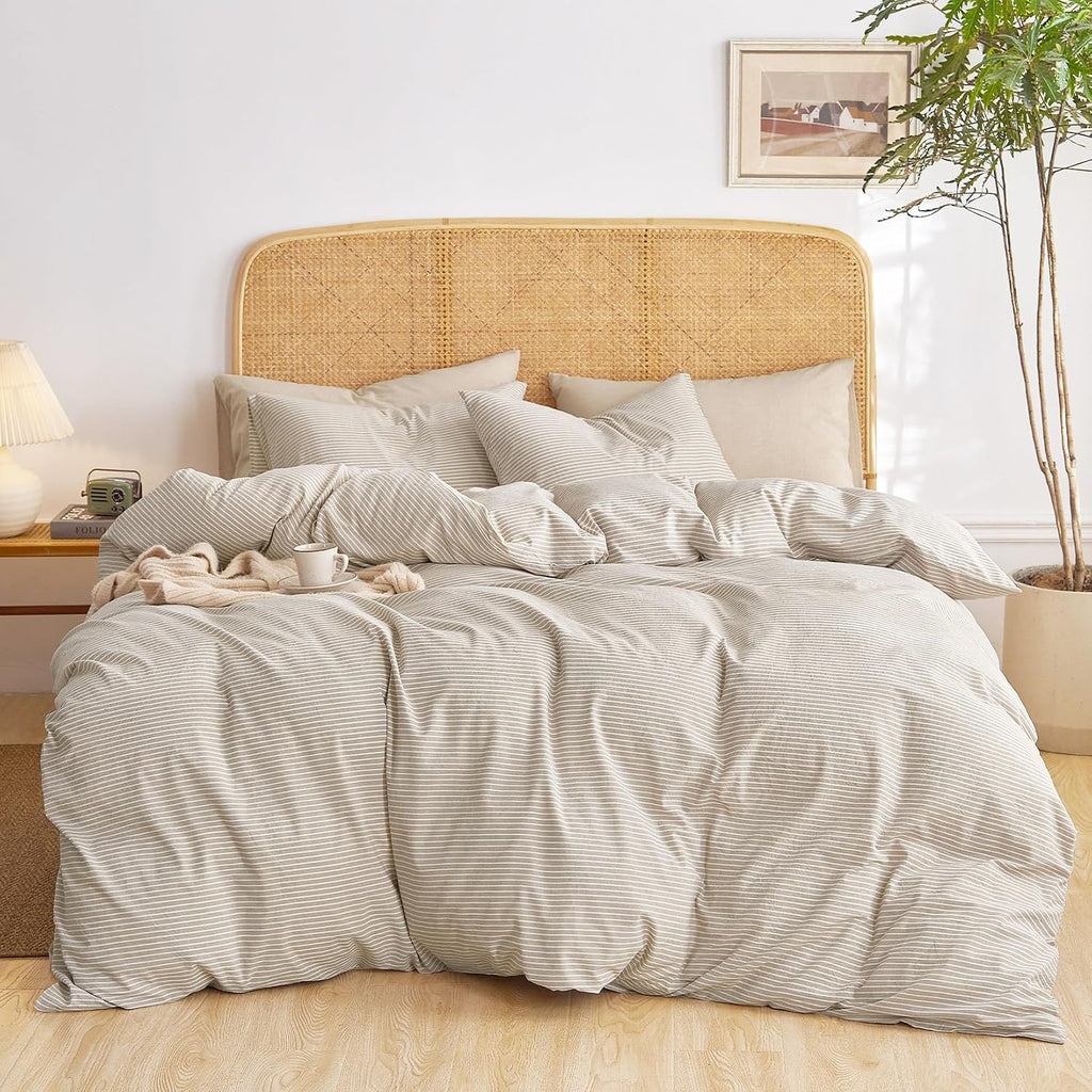 Striped Cotton Duvet Cover Set, Tan, Queen