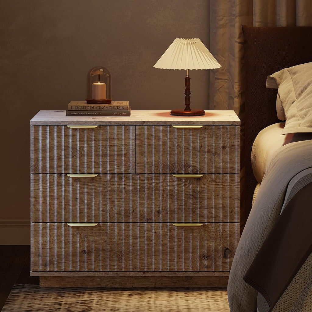 Oversized Fluted Night Stand with Drawers, Natural Wood Grain Bedside Table with 4 Extra Deep Drawers & Gold Metal