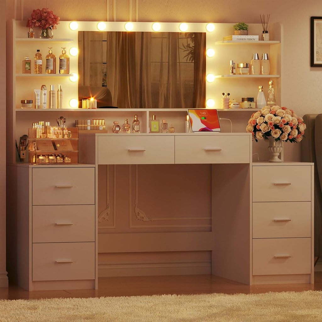 Large Vanity Desk with Mirror & Lights, White Makeup Vanity with 8 Drawers & 6 Storage Shelves, Vanity Set with LED