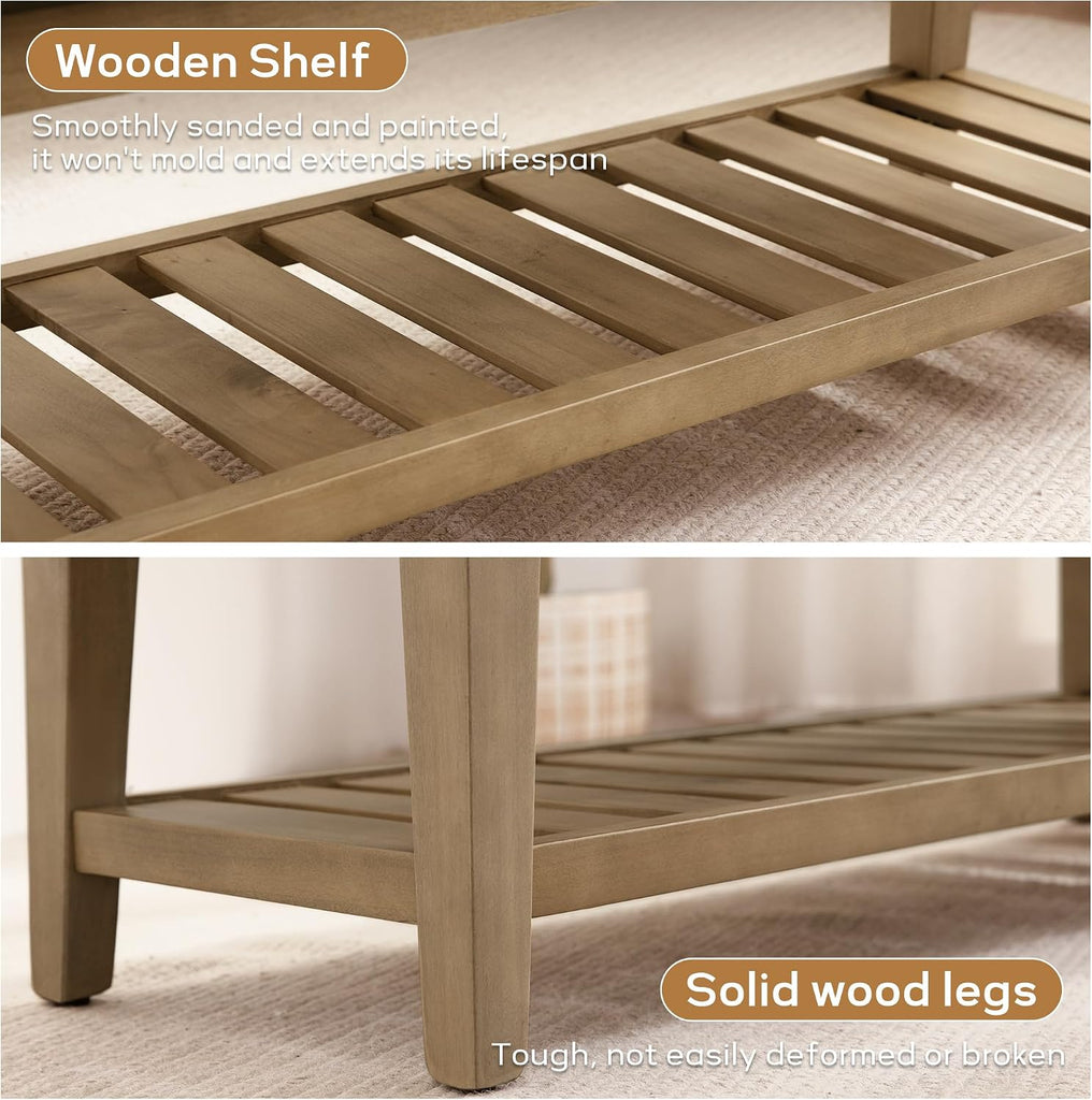 Entryway Bench with Cushion, Upholstered Shoe Rack Bench with Solid Wood Shelf, 44" End of Bed Bench , Chenille