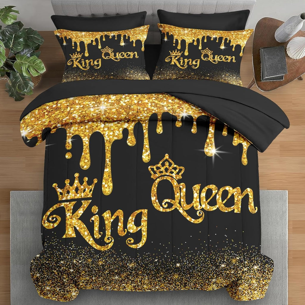 Comforter Set Queen, King Queen Black Gold Crown 7 Pcs Bedding for Kids and Adults