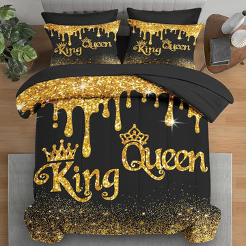 Comforter Set, Black Gold Crown 7 Pcs Bedding for Kids and Adults