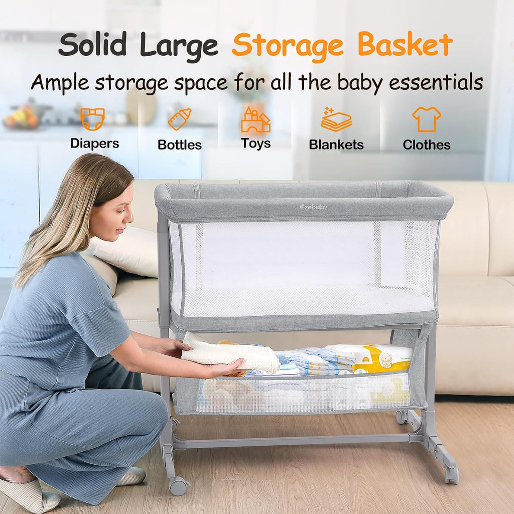 Bedside Bassinet for Baby, Portable Baby Bassinet Bedside Sleeper for Newborn Infants with Wheels Storage Basket