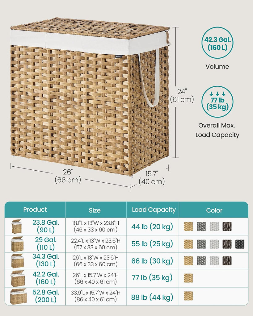Laundry Hamper with Lid, 160 L Wicker Laundry Basket | 6 Mesh Bags, 2 Removable Liner Bags, 26 x 15.7 x 24 Inches