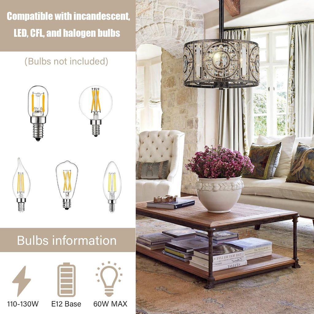 Vintage Crystal Drum Chandelier, 3-Lights Bronze Finish Retro Chandelier Lighting Fixtures, Semi Flush Mount Ceiling