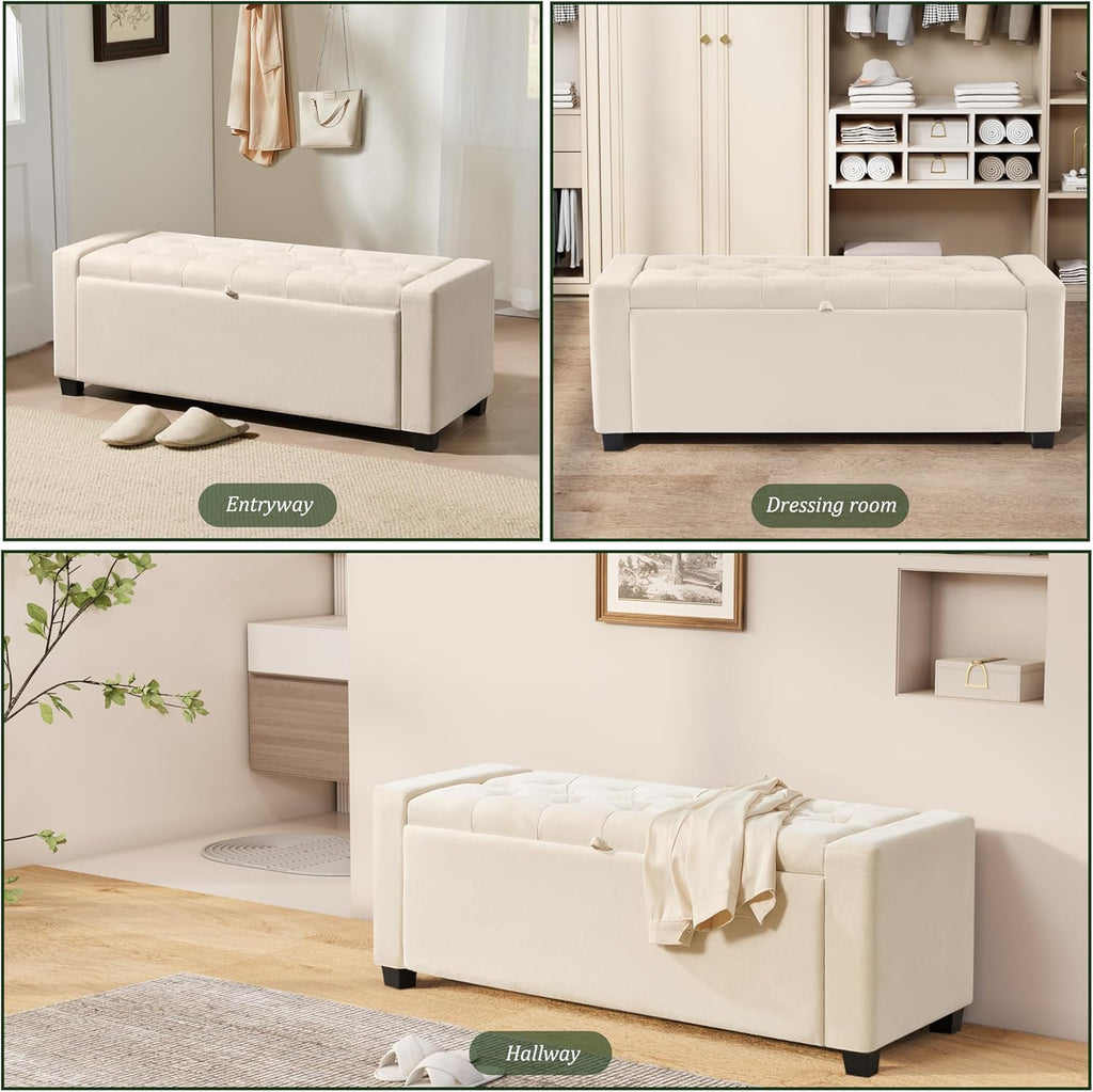 Ottoman with Storage,Tufted Storage Bench with Safety Hinge,Holds up to 350 lb,Upholstered Bench with Seating ,Linen