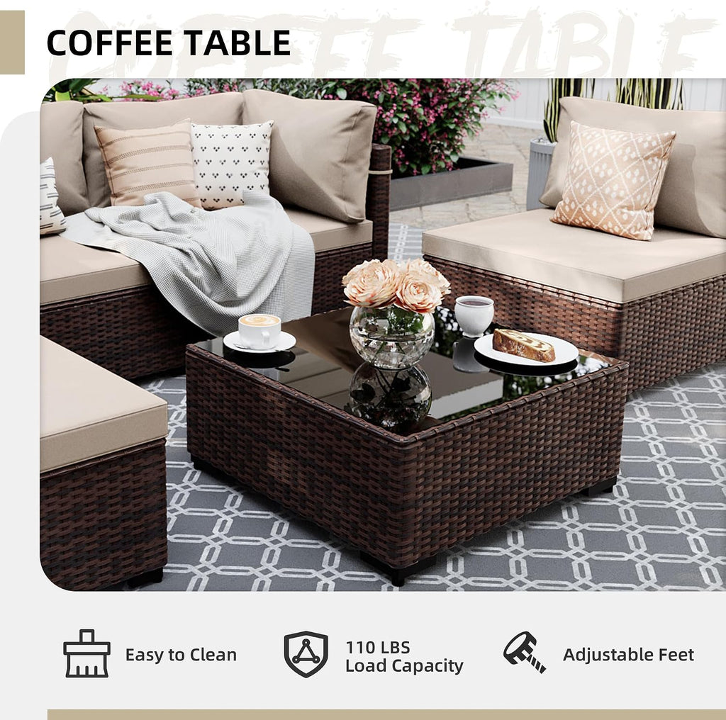 5-Piece Wicker Patio Furniture Set with Coffee Table, Beige | Outdoor sectional sofa set, patio conversation set for