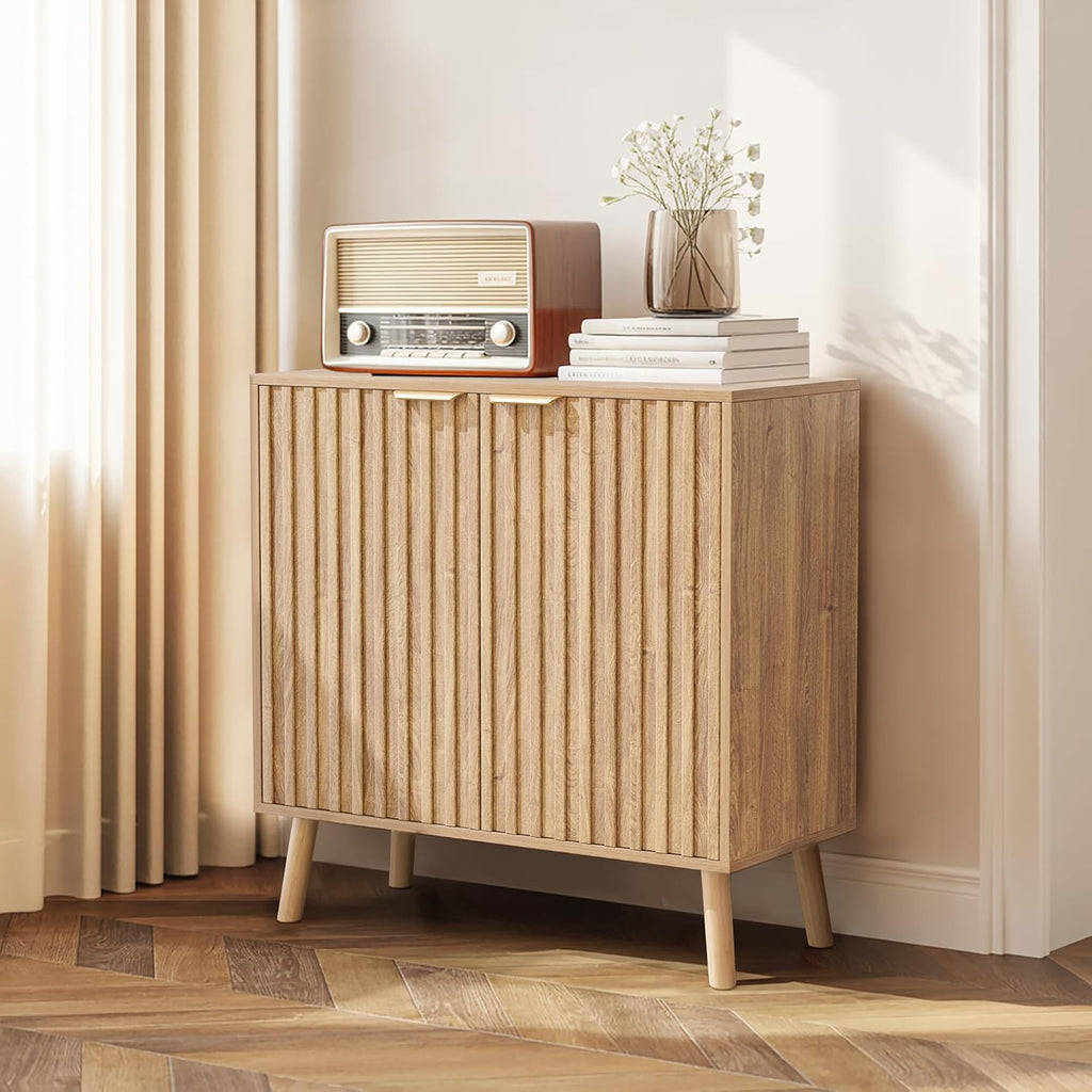 Fluted Storage Cabinet, Sideboard Buffet with Doors and Shelf, Wooden Console Table & Credenza