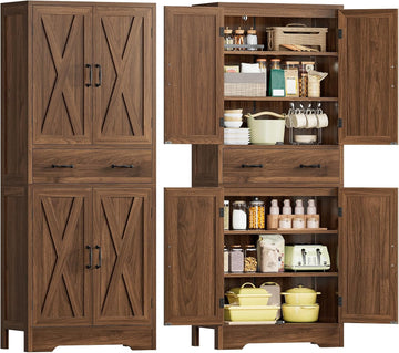 Tall Storage Cabinet with 2 Adjustable Shelves & 1 Large Drawer, Kitchen Pantry Cabinet with 4 Doors, Bathroom