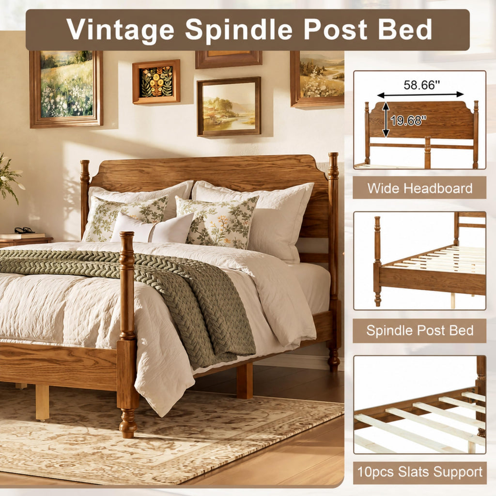 Vintage Wood Spindle Queen Bed Frame with Headboard, Light Walnut