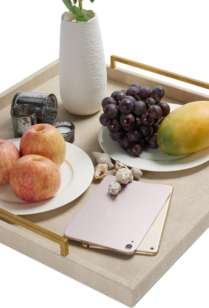 24"x24" Oversized Square Ottoman Tray , Extra Large Ivory Shagreen Leather Decorative Tray for Coffee Table,Wooden