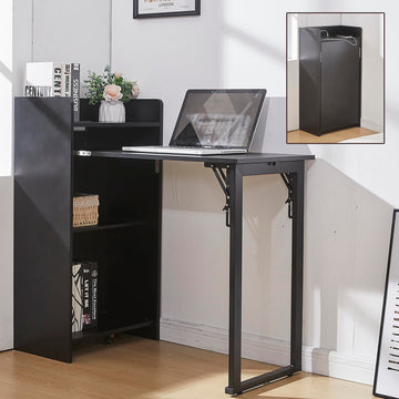 Foldable Desk, Hidden Desk with Storage and Built-in Socket, Mid Century Fold Out Table for Small Spaces, Home Office