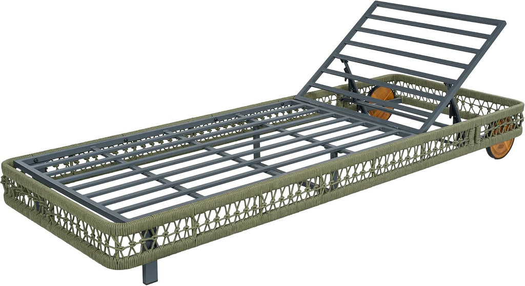 Woven Rope Chaise Lounge Chair Outdoor with Steel Frame, Patio Outdoor Chaise Lounge with Wheels and Cushions