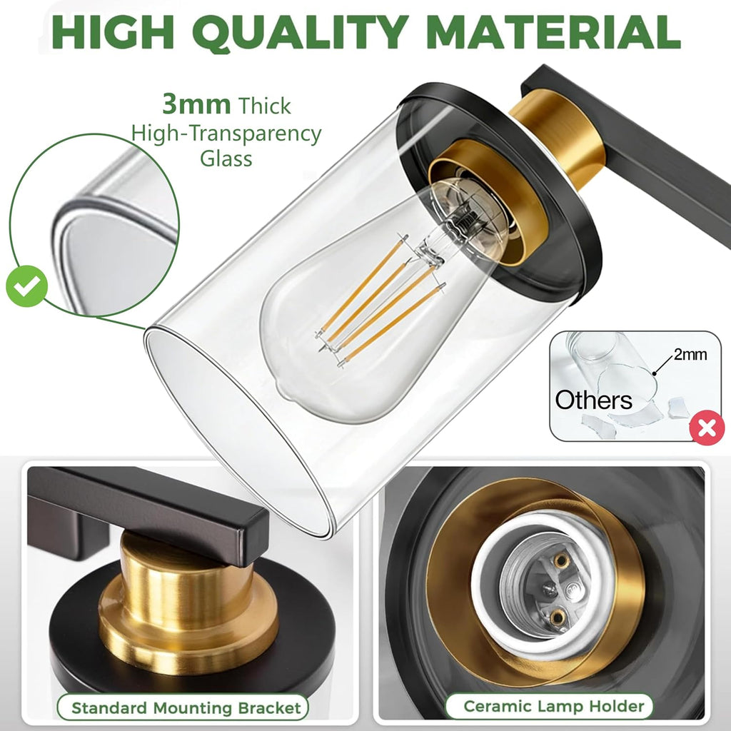 Bathroom Light Fixtures, 3-Light Black and Gold Bathroom Lights Over Mirror with Clear Glass Shade,Vanity Lights