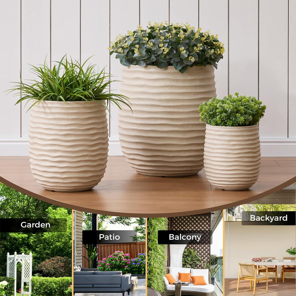 15"+11"+7.9" Dia Concrete Planter Set of 3, Flower Pot with Wavy Texture | Indoor Outdoor Large Planters with