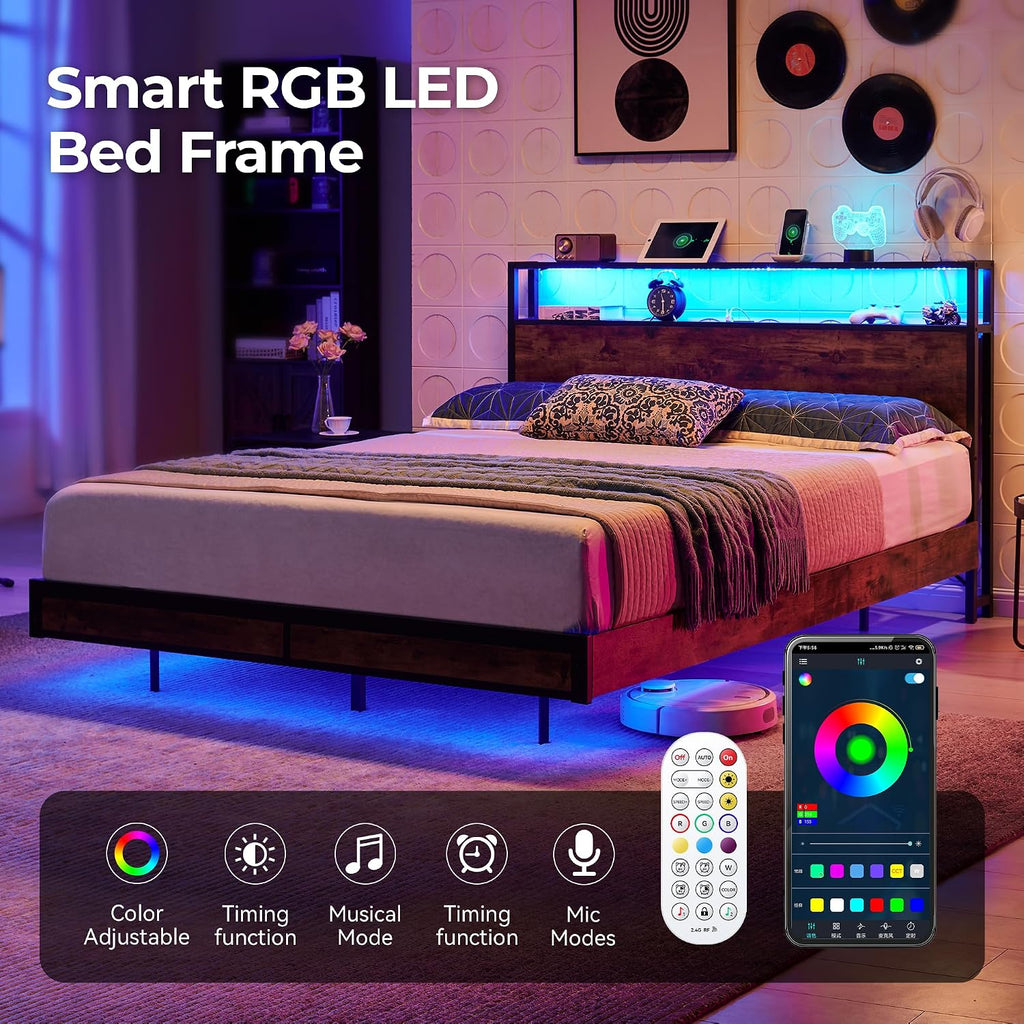 Full Bed Frame with 2-Tier Storage Headboard
